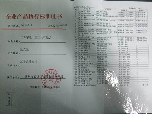 產(chǎn)品標(biāo)準執(zhí)行證書